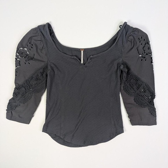 Free People Tops - Free People Top XS Puff Crochet Sleeve Cropped Grey Prairie Cottagecore